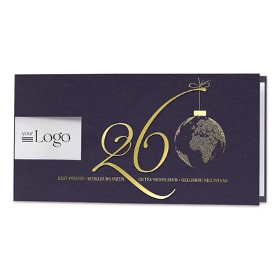 Blauwe wenskaart met logo uitkap en stijlvolle foliepreeg