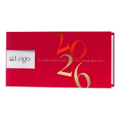 Rode nieuwjaarskaart 2026 met folie en logo-uitkap