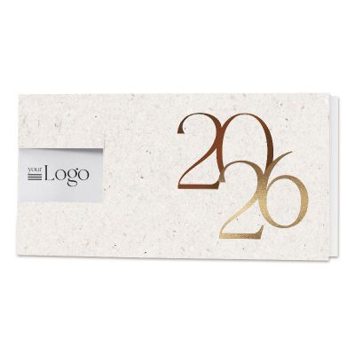 Stijlvolle nieuwjaarskaart recyclelook en 2026 in bruine folie en goudfolie