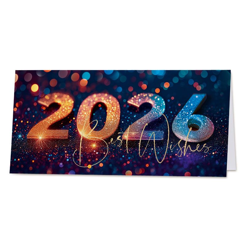 Feestelijke zakelijke nieuwjaarskaart 2026 met goudfolie