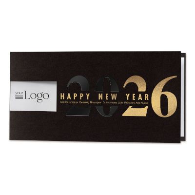 Luxe zwarte nieuwjaarskaart HNY met 2026 in goud en zwart