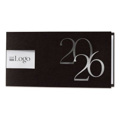 Zwarte trendy kaart met logo uitkap en 2026 in zwarte folie en zilverfolie