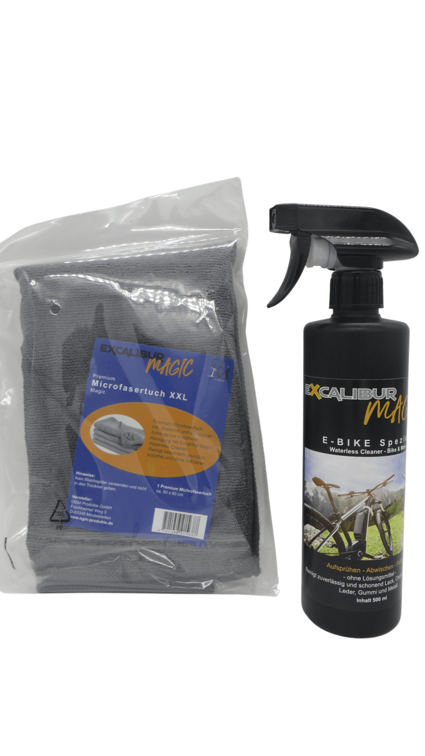 SET OGM Excalibur Magic E-Bike Spezial Waterless Cleaner - Bike & More ohne Lösungsmittel 500 ml Flasche + Microfasertuch