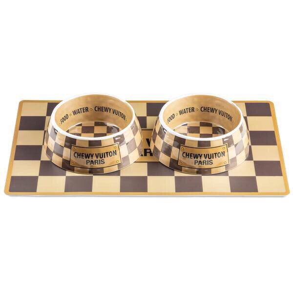 2 Checker Chewy Vuiton bowls + placemat 2 Checker Chewy Vuiton bowls + placemat