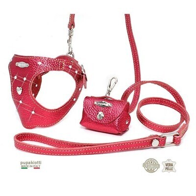 Glam leather harness and leash with poop bags dispender Strawberry