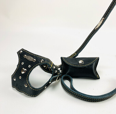 Leather harness and leash with poop bags dispender black