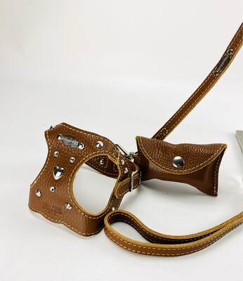 Leather harness and leash with poop bags dispender brown