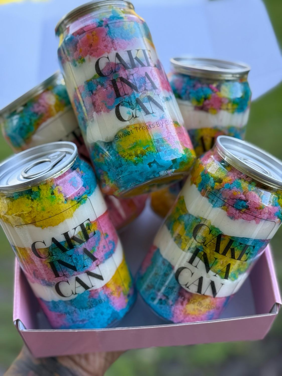 Colorful cake in a can
