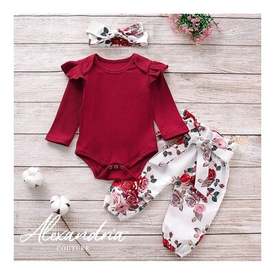 Ruffle Shoulder Bodysuit with Floral Printed Bottoms and Headband