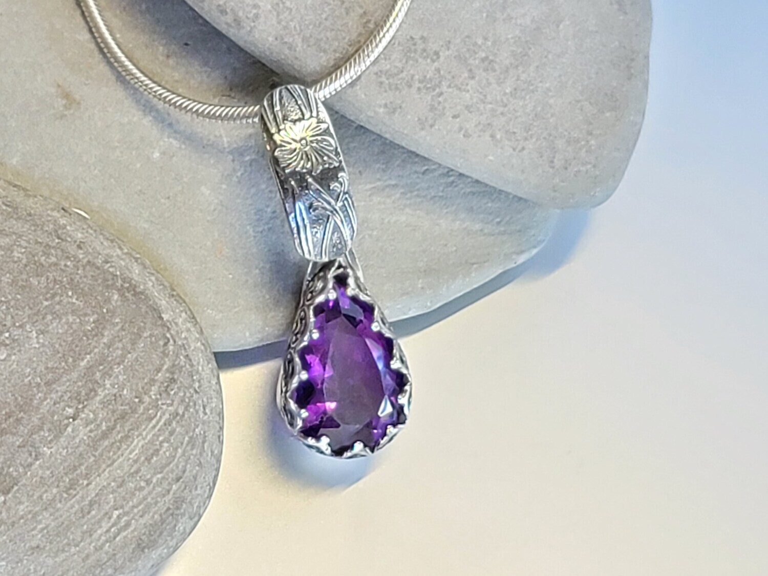 Amethyst Art Nouveau inspired silver pendant