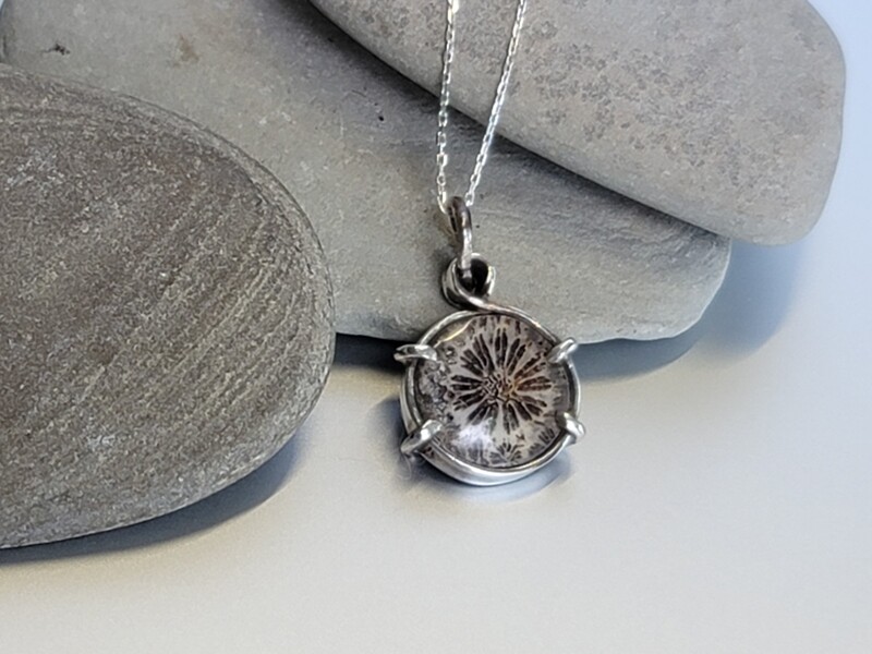 Flower Fossil and Silver Pendant