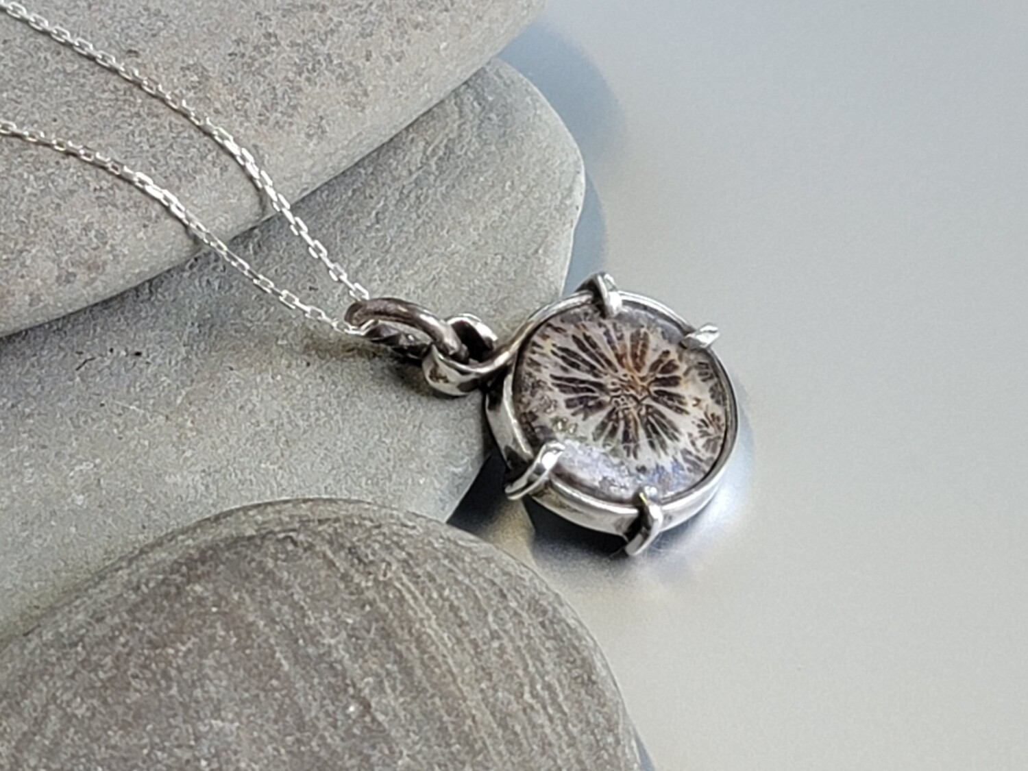 Flower Fossil and Silver Pendant