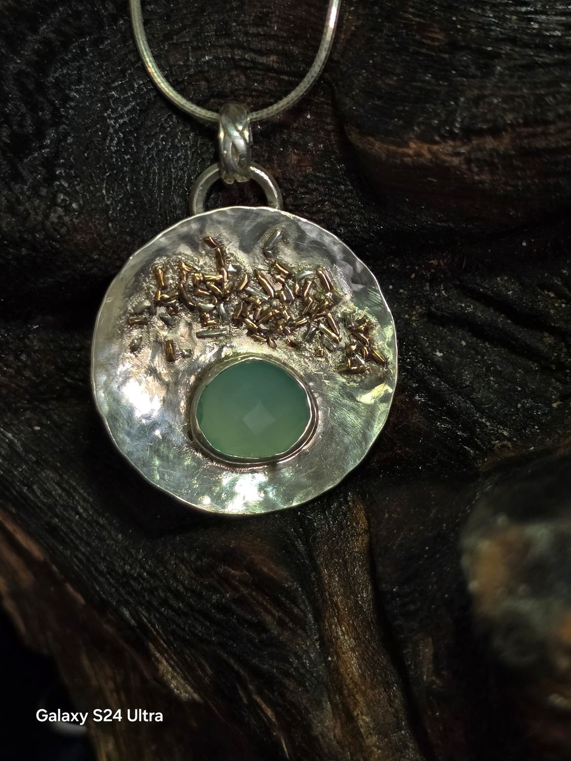 Hammered Fine Silver disc with Chalcedony