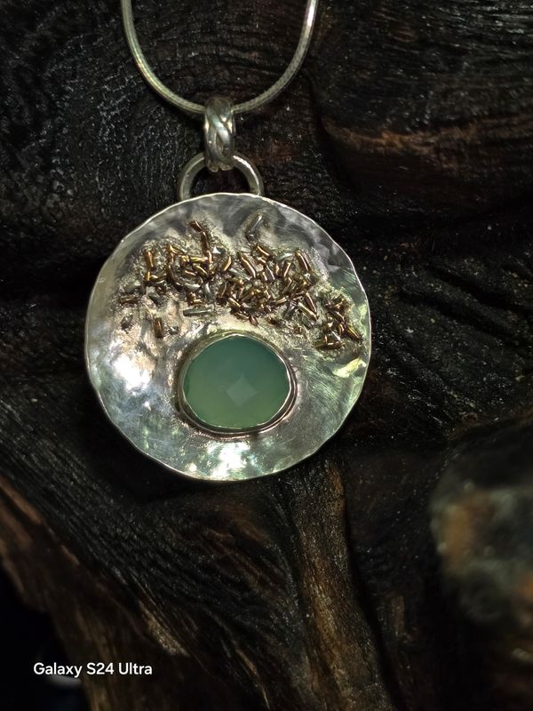 Hammered Fine Silver disc with Chalcedony