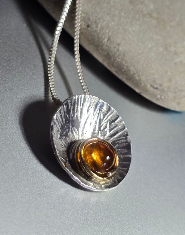 Hammered Citrine Fine Silver Disk Pendant