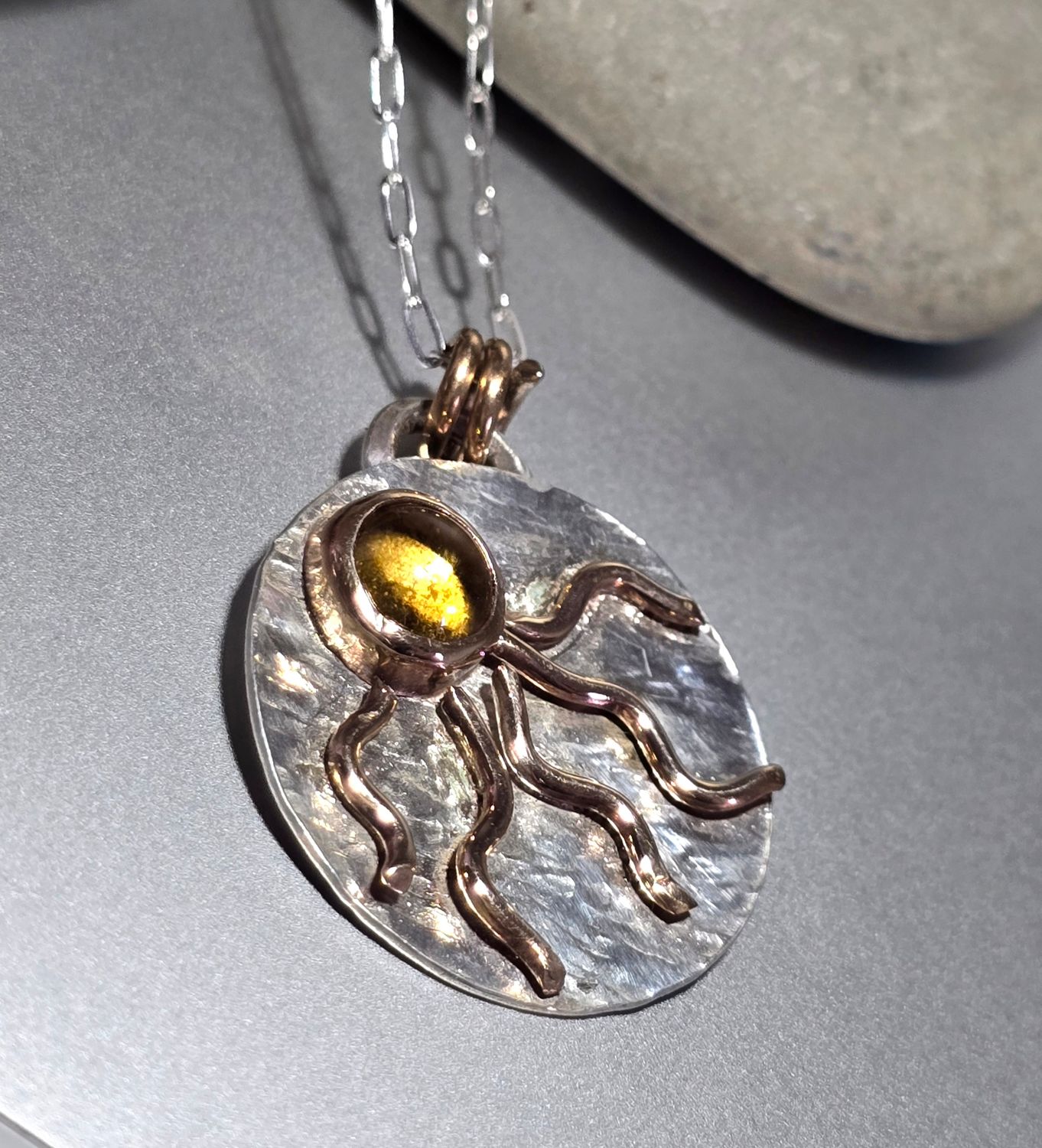Citrine Fine Silver and Bronze Sun Pendant