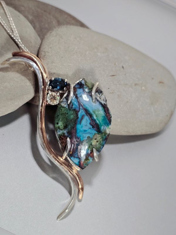 Chrysocolla w/Native Copper in Fine Silver/Bronze