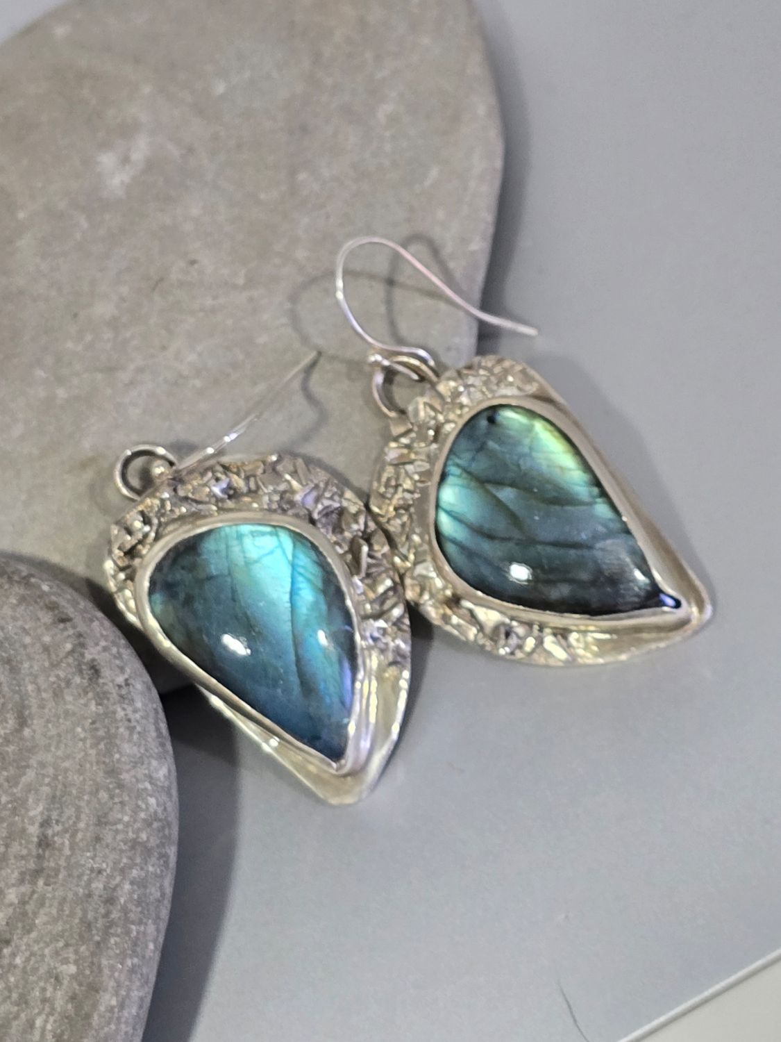 Labradorite Granulated Fine Silver Earrings