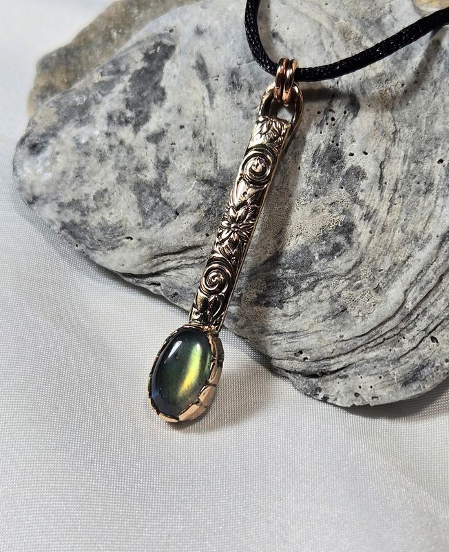 Labradorite patterned Brass Pendant w/cord