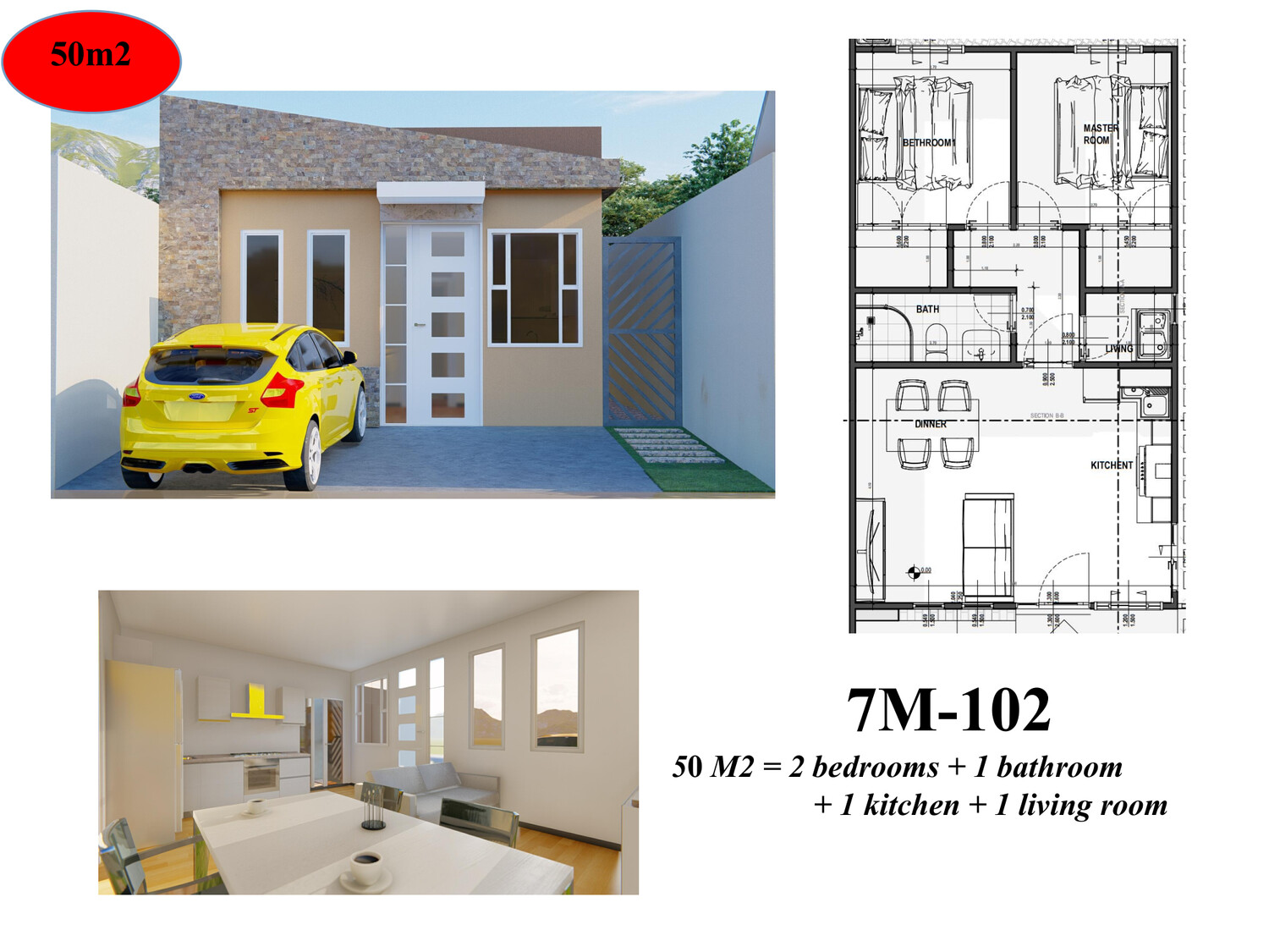 7M-102  50 Mts2,  2 Habitaciones, 1 Baño, Cocina, Sala y Comedor
