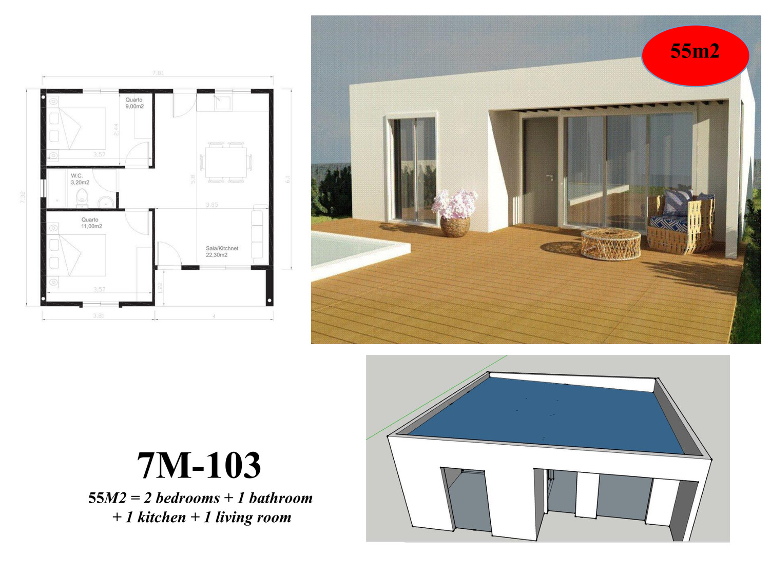 7M*103 2 Habitaciones, 55 Mts2, 1 Baño, Cocina, Sala, Comedor