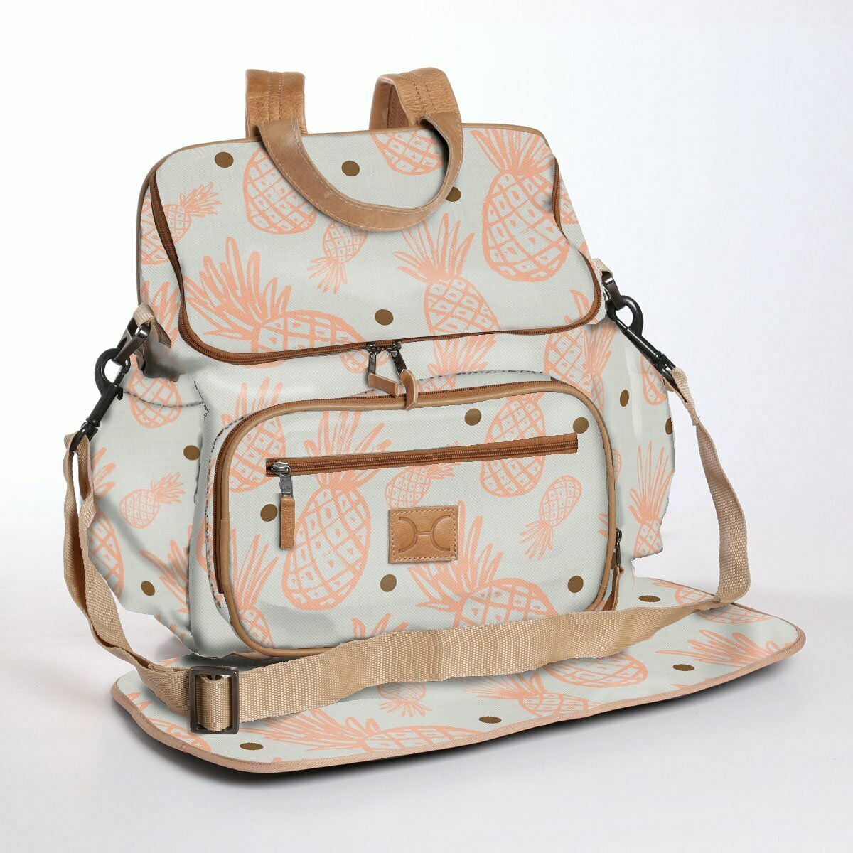 Pineapple Dotty Peach Nectar with Gold - Laminated Nappy Backpack Pineapple Dotty Peach Nectar with Gold - Laminated Nappy Backpack