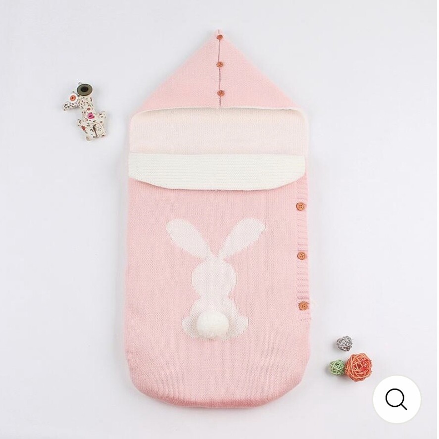 Bunny sleeping bag, pram blanket in pink with 3D pom pom bunny tail