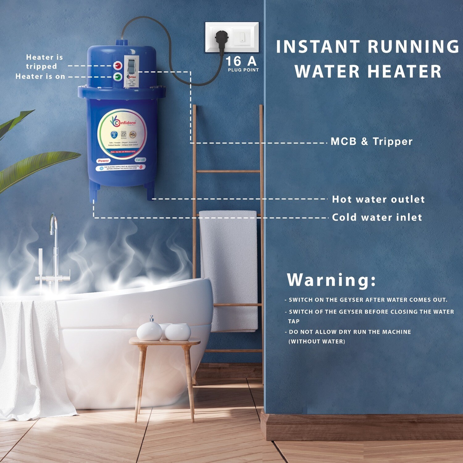 Confidone Royal Instant water heater with MCB Fitted I Auto Cut off I Auto Reset System