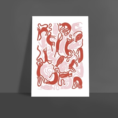 Nöjda katter | poster | Vit-rosa-röd