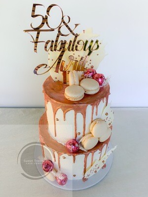 White buttercream choc drip 2 tier cake