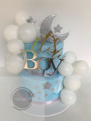 Blue, White and Silver Balloons 2 tier Cake