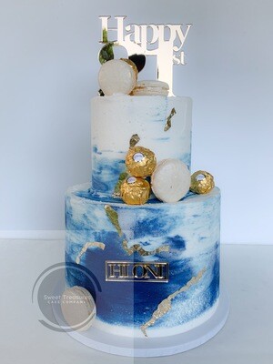 Blue and white Marbled buttercream 2 tier cake