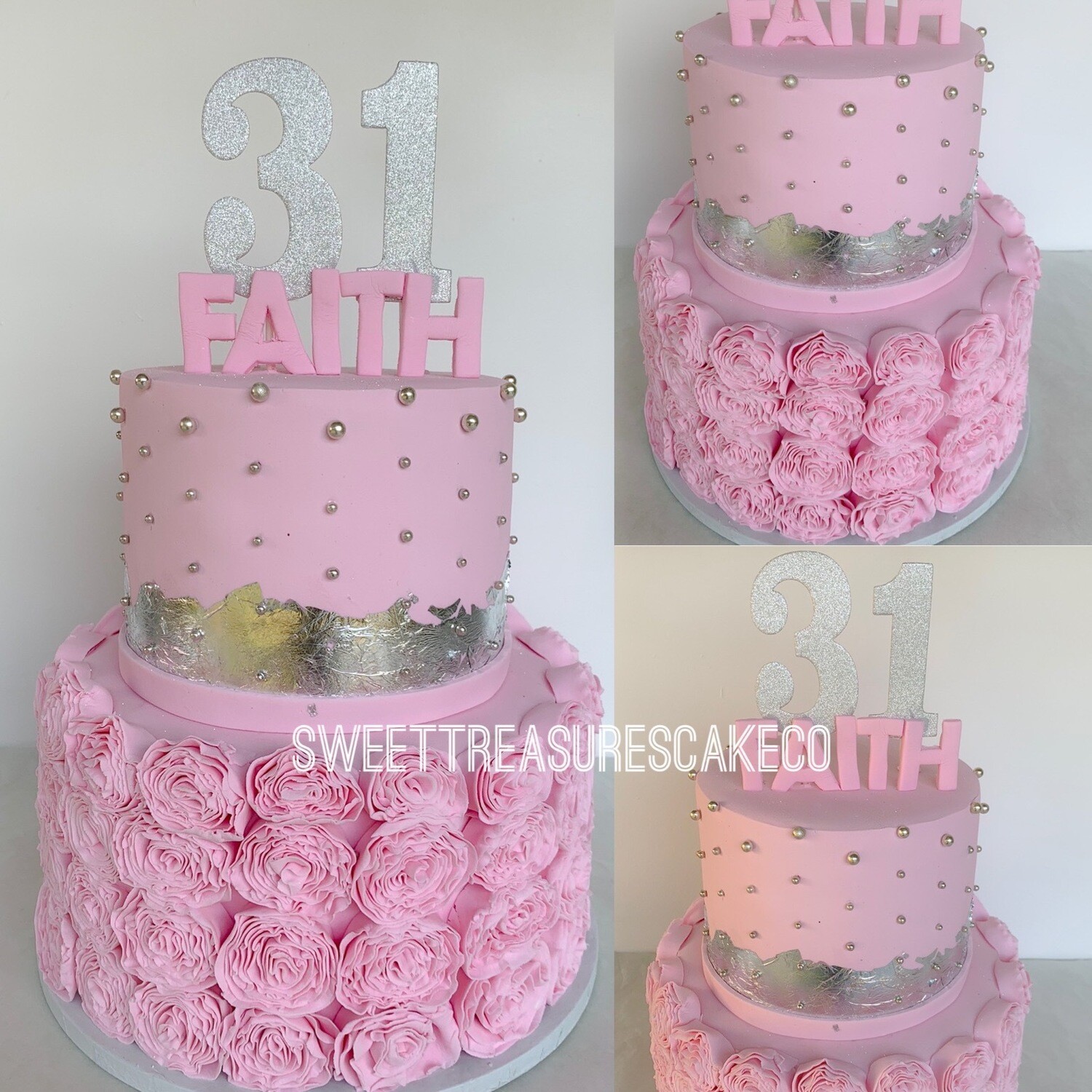 Pink and Silver frills 2 tier cake