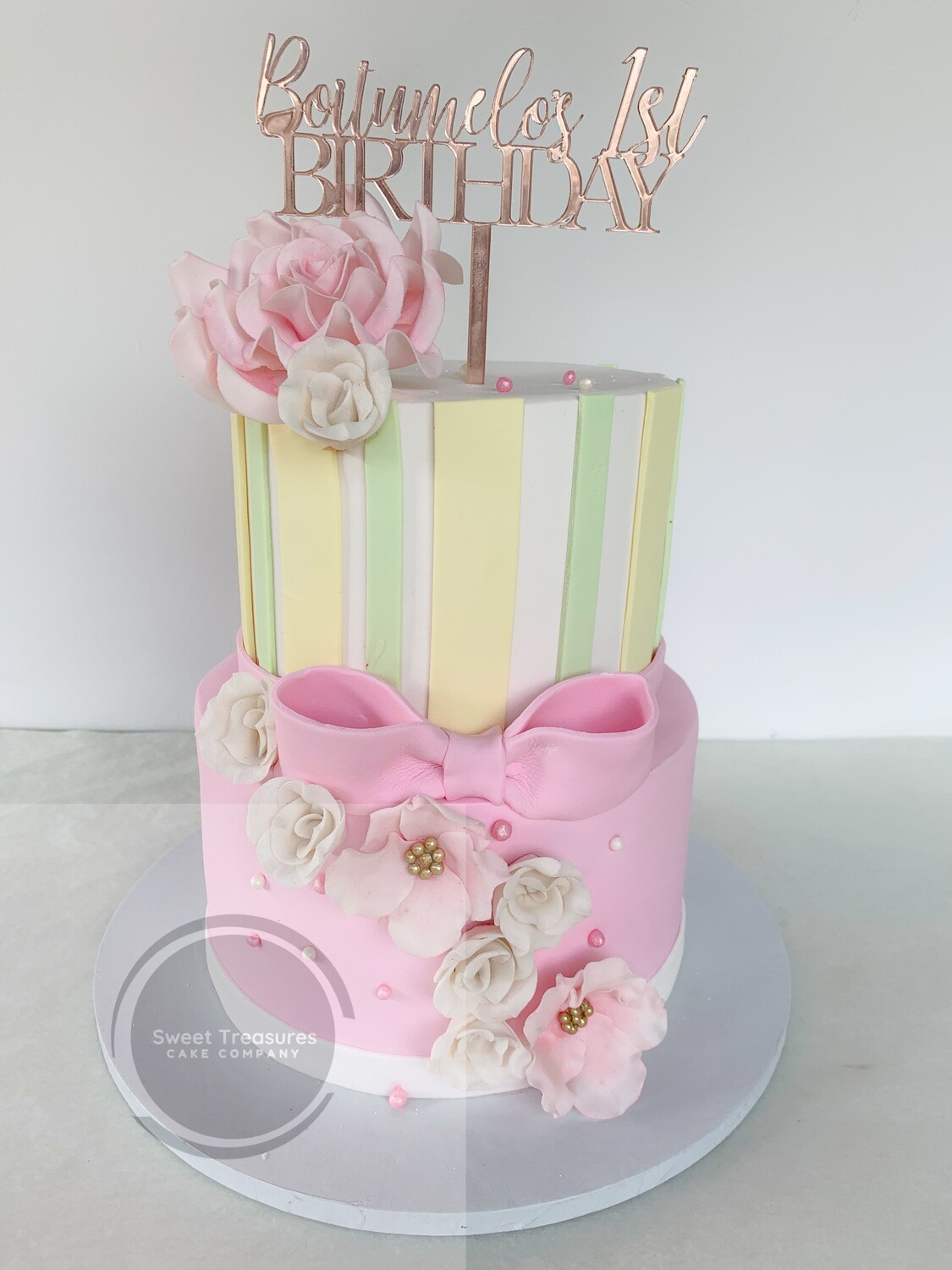 Pink, green and yellow 2 tier cake