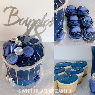 Galaxy cake with silver chocolate drip Single tier cake
