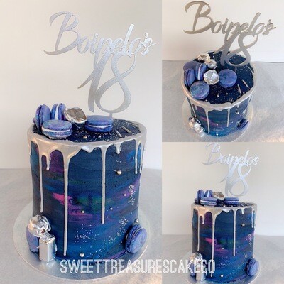 Galaxy cake with silver chocolate drip Single tier cake