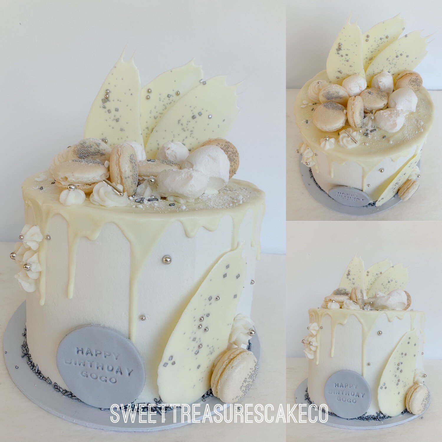 White and silver Choc Drip Single tier Cake