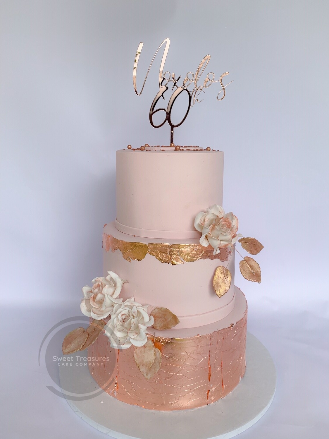 Dusty Pink Cake with Rose Gold Leaf wrapped 3 tier cake