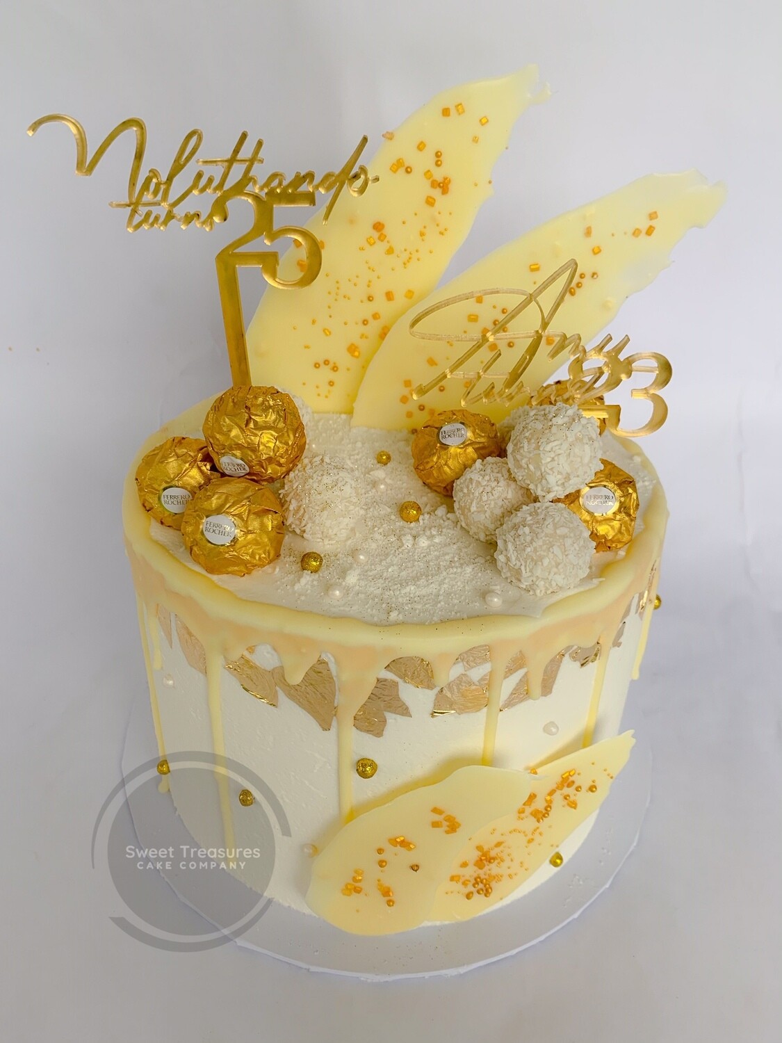 White and Gold Choc Drip Single tier Cake
