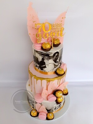 3-Tier Photos Cake with Chocolates, Macaroons, and Chocolate Drip