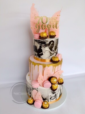 3-Tier Photos Cake with Chocolates, Macaroons, and Chocolate Drip