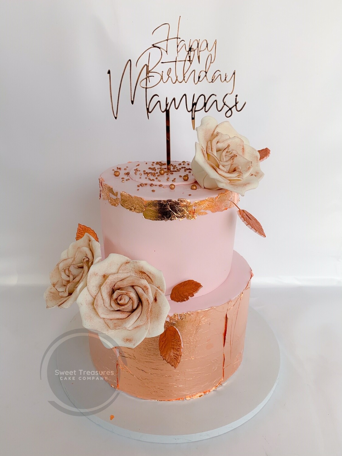 2 Tier Dusty Pink Cake wrapped with Rose Gold Leaf