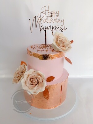 2 Tier Dusty Pink Cake wrapped with Rose Gold Leaf