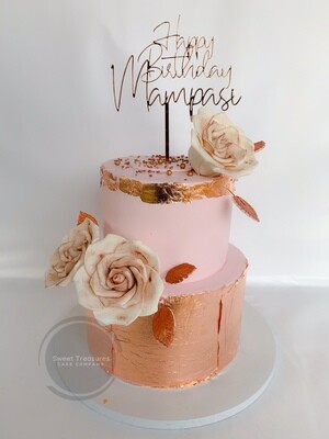 2 Tier Dusty Pink Cake wrapped with Rose Gold Leaf