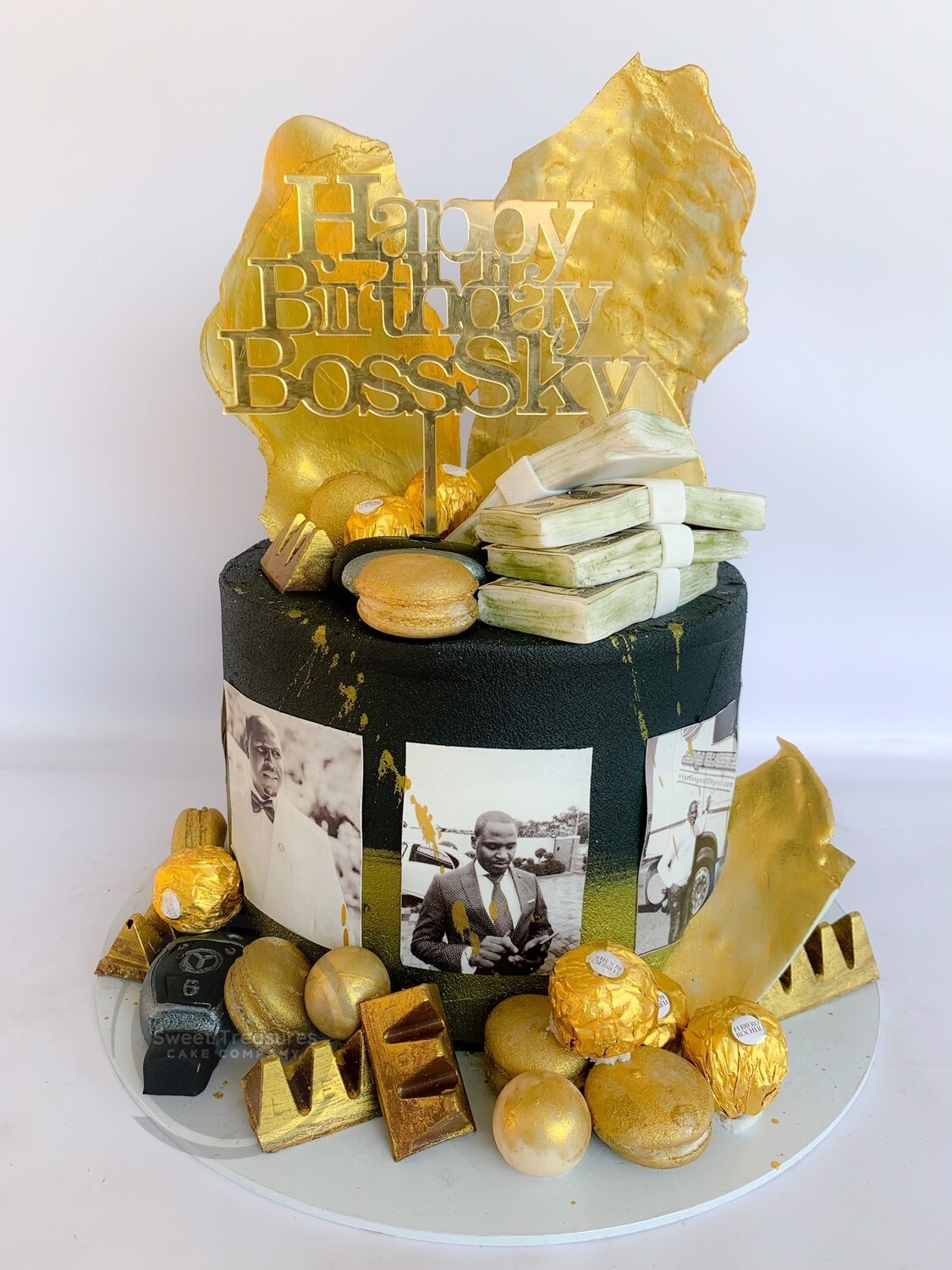 Black and Gold Photos  &amp; Chocolates Single tier Cake
