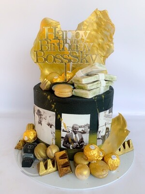 Black and Gold Photos  &amp; Chocolates Single tier Cake