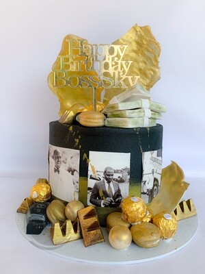 Black and Gold Photos  &amp; Chocolates Single tier Cake