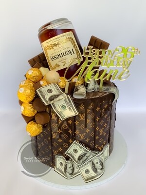LV &amp; Alcohol Choc drip Single tier cake