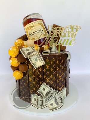 LV &amp; Alcohol Choc drip Single tier cake