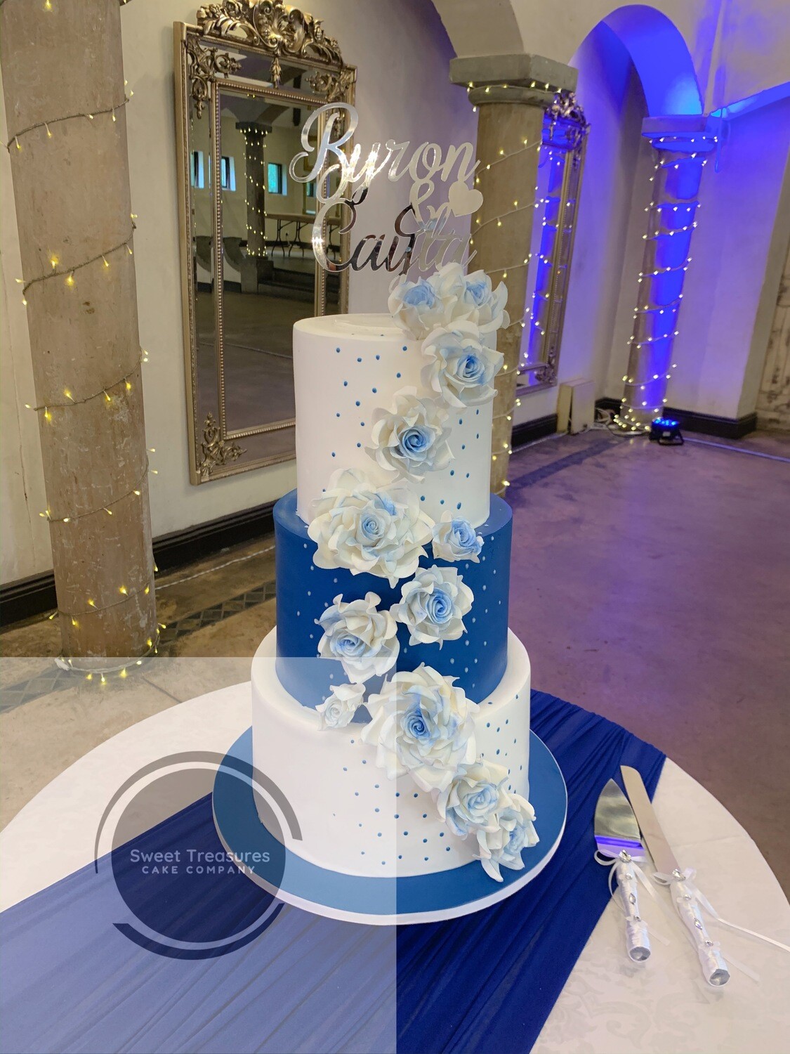 3 tier Royal blue and White Wedding Cake quotation